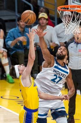 October 24, 2025, Los Angeles, California, USA: Minnesota Timberwolves Rudy Gobert (27) blocks a shot by Los Angeles LakersÃ¢â‚¬â ¢ Austin Reaves (15) during an NBA, Basketball Herren, USA basketball game, in Los Angeles Friday, Oct. 24, 2025. Los Angeles USA - ZUMAc68_ 20251024_zaf_c68_015 Copyright: xRingoxChiux