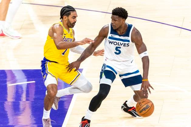 October 24, 2025, Los Angeles, California, USA: Minnesota Timberwolves Anthony Edwards (5) is defended by Los Angeles LakersÃ¢â‚¬â ¢ Gabe Vincent (7) during an NBA, Basketball Herren, USA basketball game, in Los Angeles Friday, Oct. 24, 2025. Los Angeles USA - ZUMAc68_ 20251024_zaf_c68_029 Copyright: xRingoxChiux