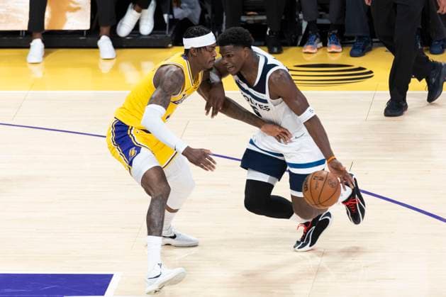October 24, 2025, Los Angeles, California, USA: Minnesota Timberwolves Anthony Edwards (5) drives against Los Angeles LakersÃ¢â‚¬â ¢ Jarred Vanderbilt (2) during an NBA, Basketball Herren, USA basketball game, in Los Angeles Friday, Oct. 24, 2025. Los Angeles USA - ZUMAc68_ 20251024_zaf_c68_046 Copyright: xRingoxChiux