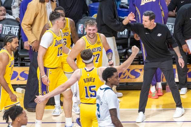 October 24, 2025, Los Angeles, California, USA: Los Angeles LakersÃ¢â‚¬â ¢ Luka DonÄÂiÄ¡ (77) celebrates after scoring against the Minnesota Timberwolves during an NBA, Basketball Herren, USA basketball game, in Los Angeles Friday, Oct. 24, 2025. Los Angeles USA - ZUMAc68_ 20251024_zaf_c68_047 Copyright: xRingoxChiux