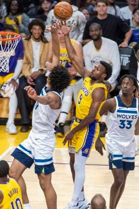 October 24, 2025, Los Angeles, California, USA: Los Angeles LakersÃ¢â‚¬â ¢ Bronny James (9) shoots against Minnesota Timberwolves Joan Beringer (19) during an NBA, Basketball Herren, USA basketball game, in Los Angeles Friday, Oct. 24, 2025. Los Angeles USA - ZUMAc68_ 20251024_zaf_c68_052 Copyright: xRingoxChiux