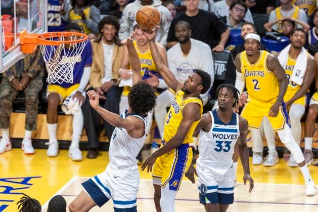 October 24, 2025, Los Angeles, California, USA: Los Angeles LakersÃ¢â‚¬â ¢ Bronny James (9) shoots against Minnesota Timberwolves Joan Beringer (19) during an NBA, Basketball Herren, USA basketball game, in Los Angeles Friday, Oct. 24, 2025. Los Angeles USA - ZUMAc68_ 20251024_zaf_c68_101 Copyright: xRingoxChiux