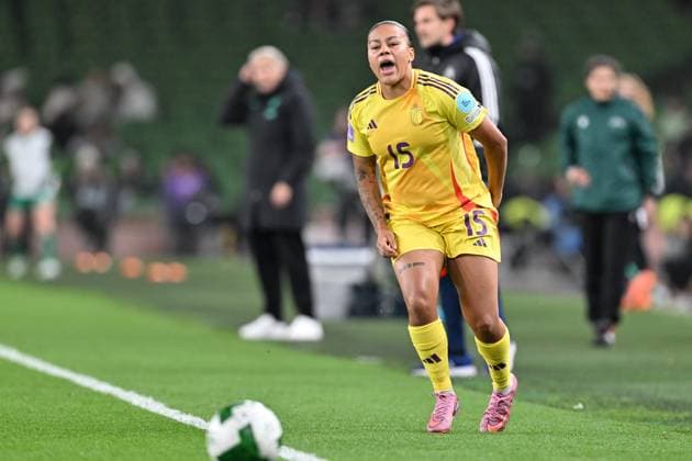 IRELAND VS BELGIUM Mariam Toloba (15) of Belgium pictured during a women football game between the national teams of the republic of Ireland and Belgium, called the Red Flames for the first leg of the Promotion relegation play-off in the Uefa Womens Nations League 2025, on Friday 24 October 2025 in Dublin , IRELAND . Photo Sportpix David Catry Dublin Aviva Stadium IRELAND  Copyright: xSportpix.bex xDavidxCatryxDavidxCatryx