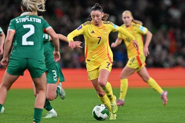 IRELAND VS BELGIUM Aurelie Reynders (7) of Belgium pictured during a women football game between the national teams of the republic of Ireland and Belgium, called the Red Flames for the first leg of the Promotion relegation play-off in the Uefa Womens Nations League 2025, on Friday 24 October 2025 in Dublin , IRELAND . Photo Sportpix David Catry Dublin Aviva Stadium IRELAND  Copyright: xSportpix.bex xDavidxCatryxDavidxCatryx