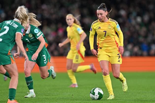 IRELAND VS BELGIUM Aurelie Reynders (7) of Belgium pictured during a women football game between the national teams of the republic of Ireland and Belgium, called the Red Flames for the first leg of the Promotion relegation play-off in the Uefa Womens Nations League 2025, on Friday 24 October 2025 in Dublin , IRELAND . Photo Sportpix David Catry Dublin Aviva Stadium IRELAND  Copyright: xSportpix.bex xDavidxCatryxDavidxCatryx
