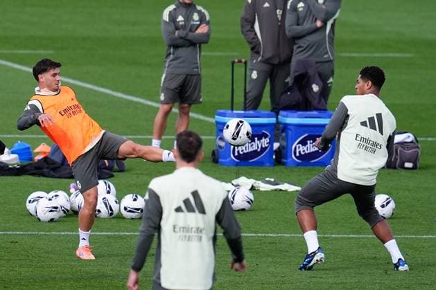 October 25, 2025, Valdebebas, Madrid, Spain: Brahim Diaz and Jude Bellingham during the Real Madrid training session ahead their upcoming Spanish League, LaLiga EA Sports, football match against FC Barcelona, Barca at Ciudad Deportiva Real Madrid on October 25, 2025, in Valdebebas, Madrid, Spain. Valdebebas Spain - ZUMAa181 20251025_zaa_a181_059 Copyright: xDennisxAgyemanx