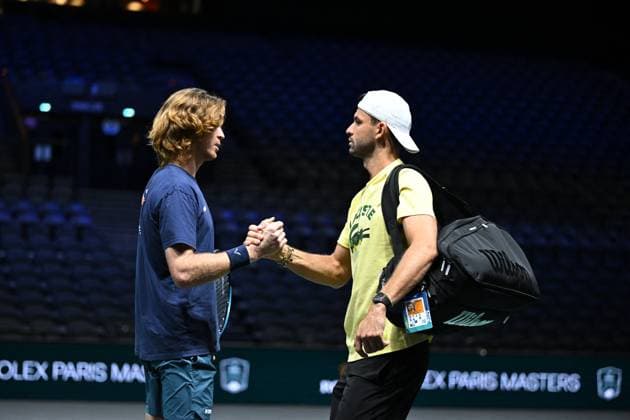 Practice Day At 2025 Rolex Paris Masters - France Andrey Rublev (RUS) with Grigor Dimitrov (BUL) during practice at the 2025 Rolex Paris Masters at the U Arena in Paris, FRANCE, on October 24, 2025. Photo by Corinne Dubreuil ABACAPRESS.COM Paris France  Copyright: xDubreuilxCorinne ABACAx