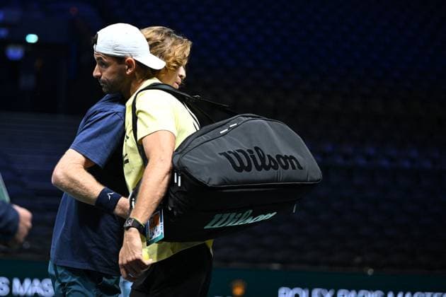 Practice Day At 2025 Rolex Paris Masters - France Andrey Rublev (RUS) with Grigor Dimitrov (BUL) during practice at the 2025 Rolex Paris Masters at the U Arena in Paris, FRANCE, on October 24, 2025. Photo by Corinne Dubreuil ABACAPRESS.COM Paris France  Copyright: xDubreuilxCorinne ABACAx
