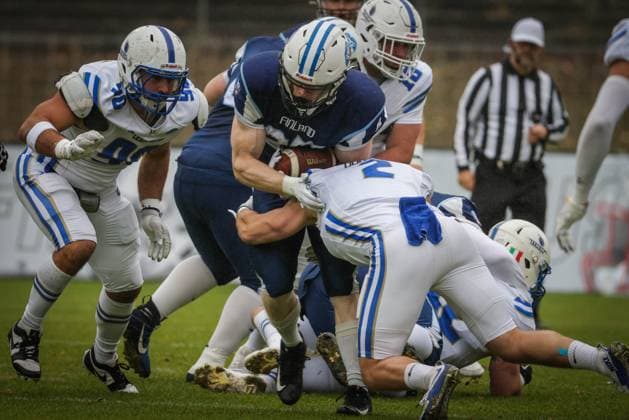 AMERICAN FOOTBALL - IFAF EC, FIN vs ITA KREFELD,GERMANY,25.OCT.25 - AMERICAN FOOTBALL - IFAF European Championship, EM, Europameisterschaft Finland vs Italy. Image shows Tuukka Lehtonen (FIN) and Alex Ferrari (ITA).  GEPAxpictures xDavidxBitzan