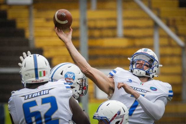 AMERICAN FOOTBALL - IFAF EC, FIN vs ITA KREFELD,GERMANY,25.OCT.25 - AMERICAN FOOTBALL - IFAF European Championship, EM, Europameisterschaft Finland vs Italy. Image shows Luke Zahradka (ITA).  GEPAxpictures xDavidxBitzan