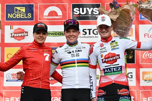 Dutch Aniek Van Alphen, Dutch Fem Van Empel and Dutch Leonie Bentveld pictured on the podium after the elite women s race of the Exact Cross, stage 3 (out of 7) in the Exact Cross cyclocross competition, in Heerde, on Saturday 25 October 2025. DAVIDxPINTENS  x137902156x