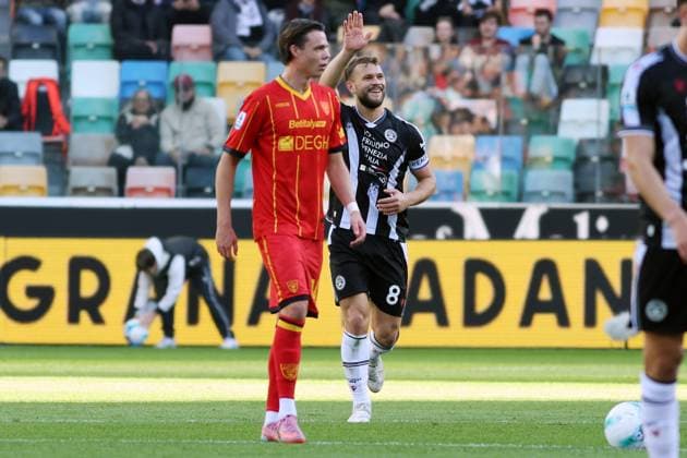 Udinese™s Jesper Karlstroem celebrates after scoring the 1-0 goal for his team during the Serie A soccer match between Udinese and Lecce at the Bluenergy Stadium in Udine, north east Italy - Saturday, October 25,2026 - soccer  Copyright: xAndreaxBressanutti LaPressex