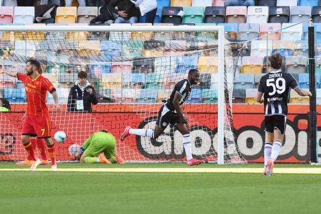 Udinese s Keinan Davis celebrates after scoring the 2-0 goal for his team during the Serie A soccer match between Udinese and Lecce at the Bluenergy Stadium in Udine, north east Italy - Saturday, October 25,2026 - soccer  Copyright: xAndreaxBressanutti LaPressex