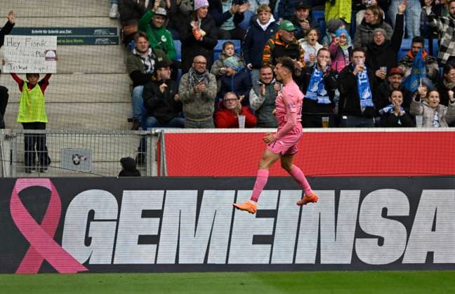 GOAL for 1 0 Fisnik Asllani TSG 1899 Hoffenheim 11 goal celebration Pink violet jersey special jersey campaign TOGETHER AGAINST BREAST CANCER TSG 1899 Hoffenheim in the background perimeter advertising logo TSG 1899 Hoffenheim vs 1 FC Heidenheim 1846 FCH 25 10 2025 DFL REGULATIONS PROHIBIT ANY USE OF PHOTOGRAPHS AS IMAGE SEQUENCES AND OR QUASI VIDEO TSG 1899 Hoffenheim vs 1 FC Heidenheim 1846 FCH
