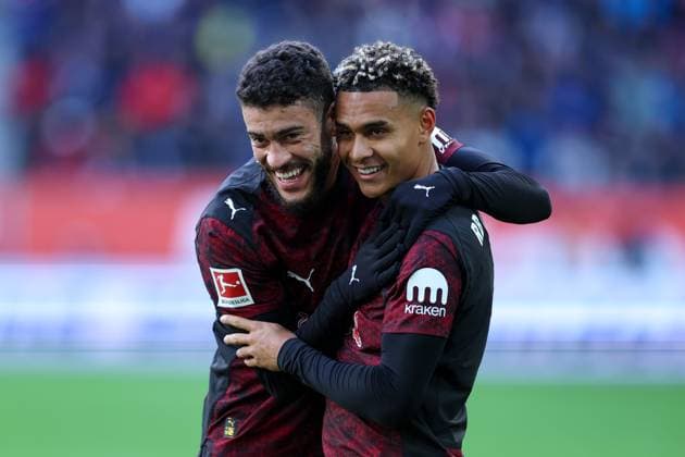 Soccer 1 Bundesliga 8 Matchday FC Augsburg RB Leipzig on 25 10 2025 at WWK Arena in Augsburg Goal celebration for 0 3 by Antonio Nusa Leipzig DFL regulations prohibit any use of photographs as image sequences and or quasi video xMSx