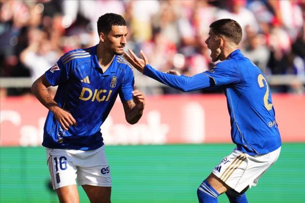 ESP: Girona FC v Real Oviedo. Liga match 2025-2026, Date 10 David Carmo of Real Oviedo celebrates after scoring the 3-3 during the La Liga match 2025-2026, date 10 between Girona FC and Real Oviedo played at Montilivi Stadium on October 25, 2025 in Girona, Spain. kpng Copyright: xBaguxBlancox xPRESSINx PS_251025_GIR_OVI_2425_268