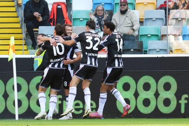 Udinese™s Jesper Karlstroem celebrates after scoring the 1-0 goal for his team during the Serie A soccer match between Udinese and Lecce at the Bluenergy Stadium in Udine, north east Italy - Saturday, October 25,2026 - soccer  Copyright: xAndreaxBressanutti LaPressex