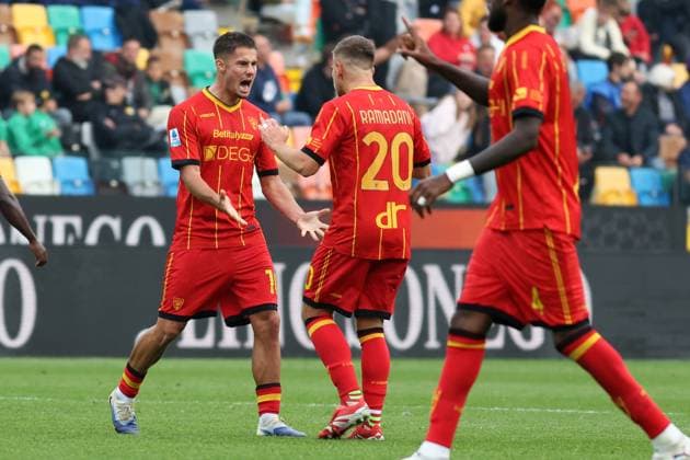 Lecce s Medon Berisha celebrates after scoring the 2-1 goal for his team during the Serie A soccer match between Udinese and Lecce at the Bluenergy Stadium in Udine, north east Italy - Saturday, October 25,2026 - soccer  Copyright: xAndreaxBressanutti LaPressex