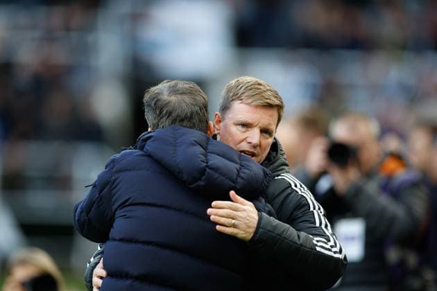 25th October 2025; St James Park, Newcastle, England; Premier League Football, Newcastle United versus Fulham; Newcastle United manager Eddie Howe and Marco Silva manager of Fulham embrace before kick off  CraigxCowan