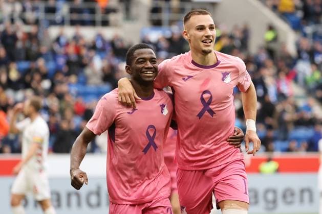 25 10 2025, xtvx, Fussball 1 Bundesliga, TSG 1899 Hoffenheim 1 FC Heidenheim v l Torjubel, Goal celebration, celebrate the goal, celebrates scoring Goal scored, Tor zum 2 0 Bazoumana Toure TSG 1899 Hoffenheim Tim Lemperle TSG 1899 Hoffenheim DFL DFB REGULATIONS PROHIBIT ANY USE OF PHOTOGRAPHS as IMAGE SEQUENCES and or QUASI VIDEO Sinsheim