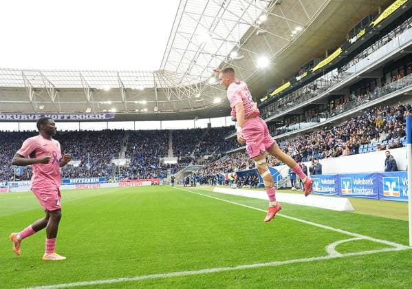 GER, 1 FBL, TSG Hoffenheim vs 1 FC Heidenheim 25 10 2025, PreZero Arena, Sinsheim, GER, 1 FBL, TSG Hoffenheim vs 1 FC Heidenheim , in the picture Tim Lemperle Hoffenheim is happy about the goal for 2 0 DFL regulations prohibit any use of photographs as image sequences and or quasi video nordphotoxGmbHx xBratic nph00250