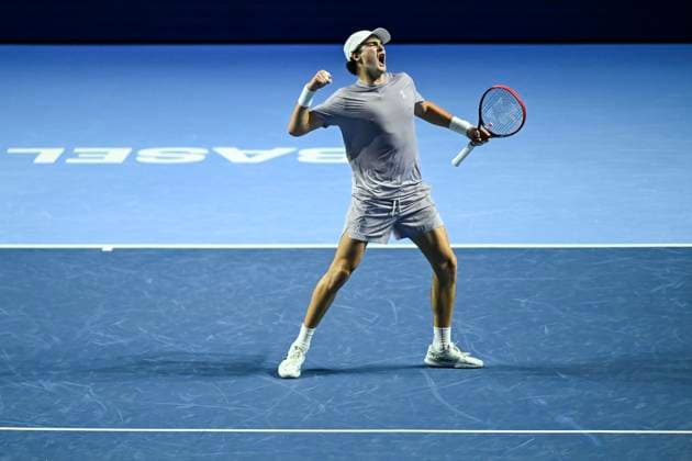 25th October 2025; St. Jakobshalle, Basel, Switzerland; 2025 ATP, Tennis Herren Swiss Indoor Tennis Day 7; Joao Fonseca (BRA) in action during the match against Jaume Munar (ESP) in the semi finals  DavidxEmm