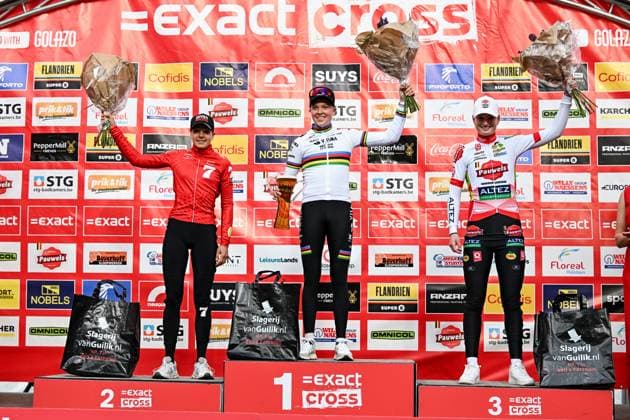 Dutch Aniek Van Alphen, Dutch Fem Van Empel and Dutch Leonie Bentveld pictured on the podium after the elite women s race of the Exact Cross, stage 3 (out of 7) in the Exact Cross cyclocross competition, in Heerde, on Saturday 25 October 2025. DAVIDxPINTENS  x137915788x