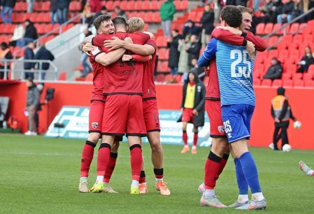25 10 2025, xpfrx, Soccer 3 Liga, FC Ingolstadt 1 FC Saarbrücken f l Linus Rosenlöcher, Jonas Scholz, Max Plath, Simon Lorenz, Kai Eisele Ingolstadt celebrate the victory after the final whistle DFL DFB REGULATIONS PROHIBIT ANY USE OF PHOTOGRAPHS as IMAGE SEQUENCES and or QUASI VIDEO Ingolstadt