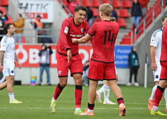 25 10 2025, xpfrx, Soccer 3 Liga, FC Ingolstadt 1 FC Saarbrücken v l Frederik Carlsen, Max Plath Ingolstadt celebrate the victory after the final whistle DFL DFB REGULATIONS PROHIBIT ANY USE OF PHOTOGRAPHS as IMAGE SEQUENCES and or QUASI VIDEO Ingolstadt