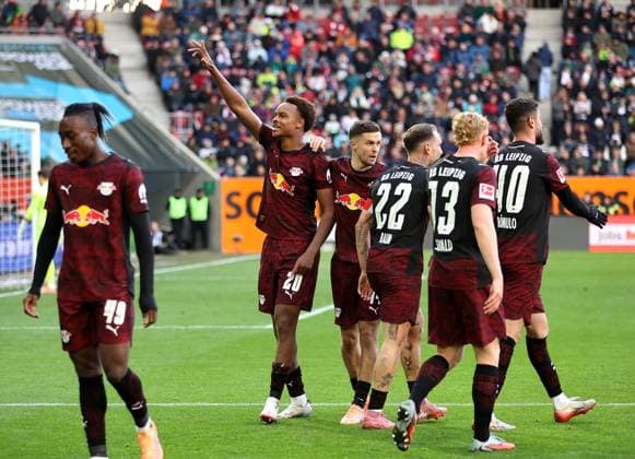 Football, Men, Season 2025 2026, FC Augsburg RB Leipzig, Bundesliga, WWK Arena 0 5 by Assan Ouedraogo RB Leipzig , Goal, Cheering DFL DFB regulations prohibit any use of photographs as image sequences and or quasi video