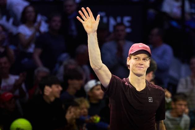 Jannik Sinner of Italy celebrates his Semi-finals win over Alex de Minaur of Australia at Erste Bank Open 2025 at Wiener Stadthalle on October 25, 2025 in Vienna, Austria. (Photo by Camilla Stolen, Imago) Vienna Austria Copyright: xCamillaxStolenx L1075703