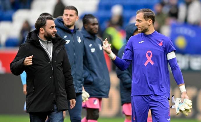 after the end of the match goalkeeper Oliver Baumann TSG 1899 Hoffenheim 01 shows middle finger in jest TSG 1899 Hoffenheim vs 1 FC Heidenheim 1846 FCH 25 10 2025 DFL REGULATIONS PROHIBIT ANY USE OF PHOTOGRAPHS AS IMAGE SEQUENCES AND OR QUASI VIDEO TSG 1899 Hoffenheim vs 1 FC Heidenheim 1846 FCH