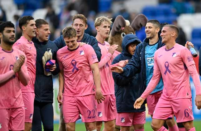 After the end of the game, cheers, joy, happiness, Grischa Proemel TSG 1899 Hoffenheim 06 Alexander Prass TSG 1899 Hoffenheim 22 Andrej Kramaric TSG 1899 Hoffenheim 27 Ozan Kabak TSG 1899 Hoffenheim 05 Max Moerstedt TSG 1899 Hoffenheim 33 TSG 1899 Hoffenheim vs 1 FC Heidenheim 1846 FCH 25 10 2025 DFL REGULATIONS PROHIBIT ANY USE OF PHOTOGRAPHS AS IMAGE SEQUENCES AND OR QUASI VIDEO TSG 1899 Hoffenheim vs 1 FC Heidenheim 1846 FCH