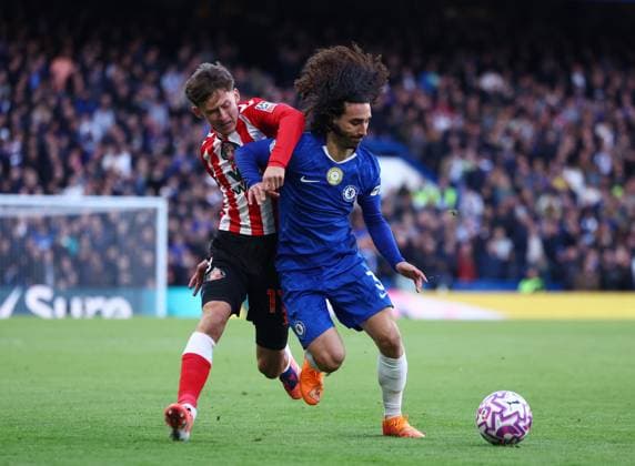London, England, 25th October 2025. Dennis Cirkin of Sunderland tussles with Marc Cucurella of Chelsea during the Chelsea vs Sunderland Premier League match at Stamford Bridge, London. Picture credit should read: Paul Terry Sportimage EDITORIAL USE ONLY. No use with unauthorised audio, video, data, fixture lists, club league logos or live services. Online in-match use limited to 120 images, no video emulation. No use in betting, games or single club league player publications. SPI_036_PT_Chelsea_Sunderland SPI-4235-0037