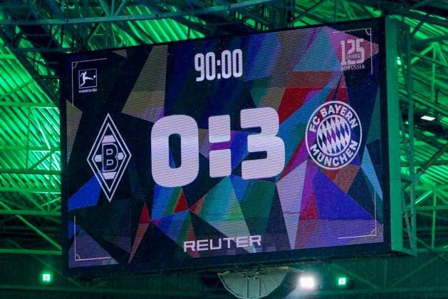 final result scoreboard 0-3 Borussia Mönchengladbach v FC Bayern München, Bundesliga, Borussia Mönchengladbach v FC Bayern München, Stadion im Borussia-Park, October 25, 2025, Mönchengladbach, Germany.
