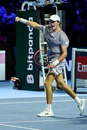 25th October 2025; St. Jakobshalle, Basel, Switzerland; 2025 ATP, Tennis Herren Swiss Indoor Tennis Day 7; Joao Fonseca (BRA) reacts during the match against Jaume Munar (ESP) in the semi finals  DavidxEmm