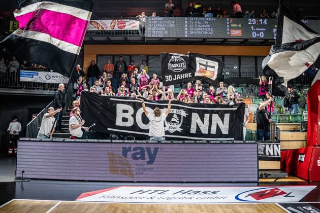 1 Basketball Bundesliga, easyCredit BBL, Season 2025 2026, Men, Main round, Matchday 5, 25 10 2025, RASTA Vechta Telekom Baskets Bonn The fans of Telekom Baskets Bonn before the game Vechta RASTA Dome Lower Saxony Germany