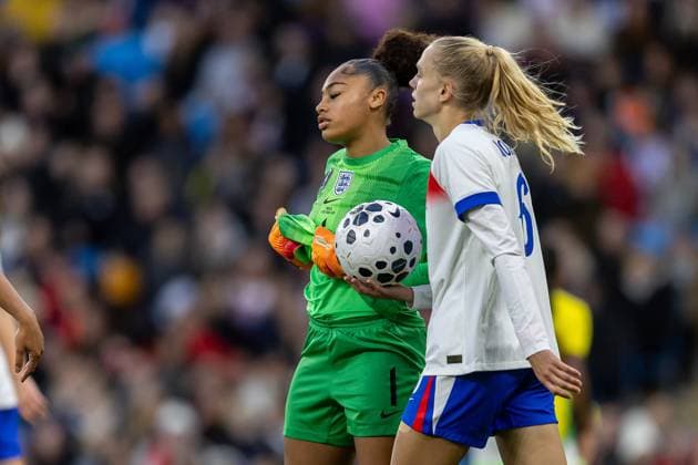 England Women v Brazil Women Friendly 25 10 2025. GOAL scores 1-0 Disappointed England Women goalkeeper Khiara Keating (1) during the Friendly match between England Women and Brazil Women at the Etihad Stadium, Manchester, England on 25 October 2025. Editorial use only , Copyright: xManjitxNarotrax PSI-23064-0007