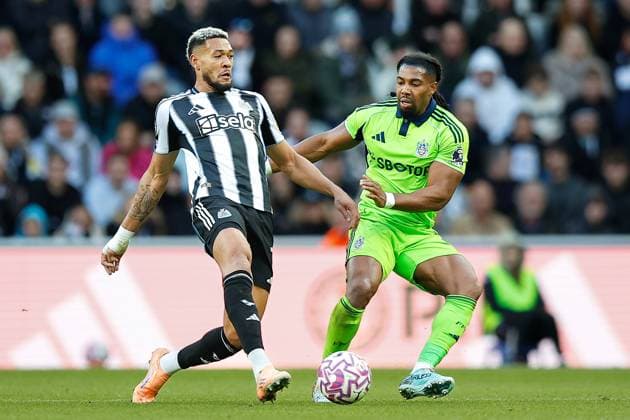 25th October 2025; St James Park, Newcastle, England; Premier League Football, Newcastle United versus Fulham; Joelinton of Newcastle United and Adama Traore of Fulham challenge for the ball  CraigxCowan