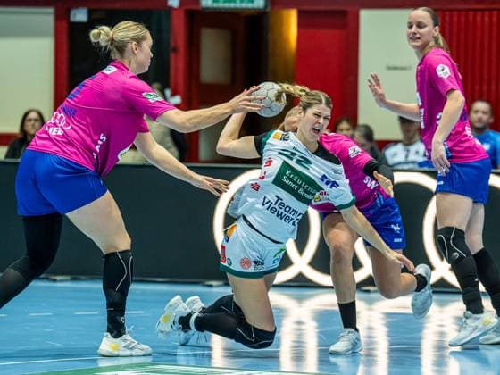 Sina Ehmann Frisch Auf Women, 22 in duel with Kim Hinkelmann Sport Union Neckarsulm, 05 and Angunn Gudmestad Sport Union Neckarsulm, 07 , Sport Union Neckarsulm vs Frisch Auf Goeppingen, Handball, 1 Bundesliga, Season 2025 2026, 25 10 2025 Sport Union Neckarsulm vs Frisch Auf Goeppingen, Handball, 1 Bundesliga, Season 2025 2026, 25 10 2025 Neckarsulm Copyright: xEibner-Pressefoto MichaelxSchmidx EP_MST