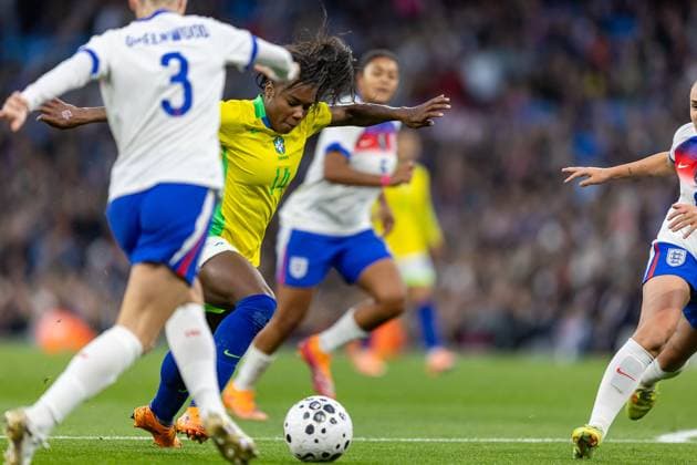 England Women v Brazil Women Friendly 25 10 2025. Brazil Women Ludmila runs forward with ball during the Friendly match between England Women and Brazil Women at the Etihad Stadium, Manchester, England on 25 October 2025. Editorial use only , Copyright: xManjitxNarotrax PSI-23064-0012