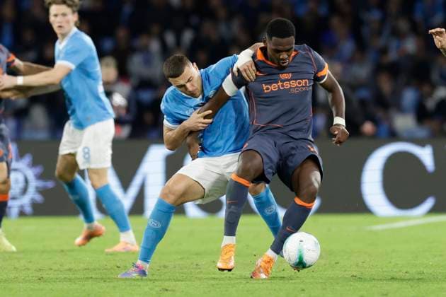 Football match SSC Napoli vs Inter Napoli s Italian defender Alessandro Buongiorno challenges for the ball with Inter™s French forward Ange-Yoan Bonny during the Serie A football match between SSC Napoli and Inter at the Diego Armando Maradona Stadium in Naples, on October 25, 2025. _BPH7557 Copyright: xAntonioxBalascox