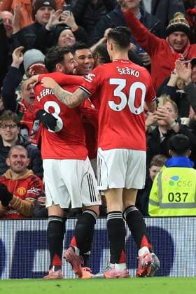 25th October 2025; Old Trafford, Manchester, England; Premier League Football, Manchester United, ManU versus Brighton and Hove Albion ; Casemiro of Manchester United celebrates after scoring for 2-0 after 34 minutes with a deflected shot  DavidxBlunsden