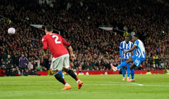 Manchester, England, 25th October 2025. Danny Welbeck of Brighton scores from a free kick (3-1) during the Manchester United, ManU vs Brighton and Hove Albion Premier League match at Old Trafford, Manchester. Picture credit should read: Andrew Yates Sportimage EDITORIAL USE ONLY. No use with unauthorised audio, video, data, fixture lists, club league logos or live services. Online in-match use limited to 120 images, no video emulation. No use in betting, games or single club league player publications. SPI_056_AY_Man_Utd_Brighton SPI-4237-0055