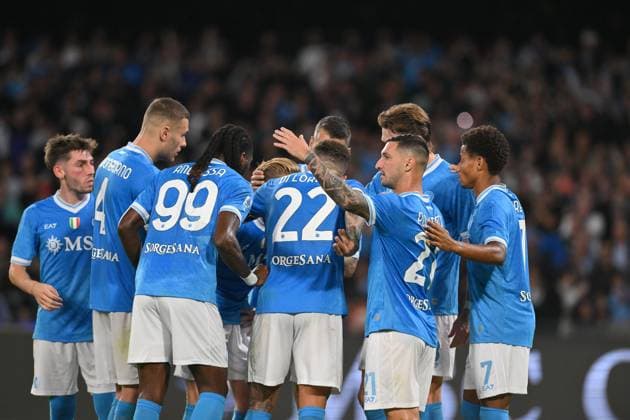 Foto IPP Roberto Ramaccia Napoli 25 10 2025 Campionato di Calcio Serie A 2025 2026 Napoli vs Inter Nella foto i calciatori del Napoli esultano dopo il gol del 1-0 Italy Photo Press - World Copyright Napoli italy Italia ITALY  Copyright: xR4924_italyphotopressx