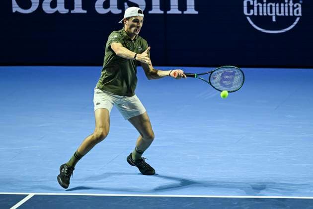 25th October 2025; St. Jakobshalle, Basel, Switzerland; 2025 ATP, Tennis Herren Swiss Indoor Tennis Day 7; Ugo Humbert (FRA) in action during the match against Alejandro Davidovich Fokina (ESP) in the semi finals  DavidxEmm