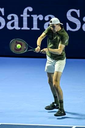 25th October 2025; St. Jakobshalle, Basel, Switzerland; 2025 ATP, Tennis Herren Swiss Indoor Tennis Day 7; Ugo Humbert (FRA) in action during the match against Alejandro Davidovich Fokina (ESP) in the semi finals  DavidxEmm