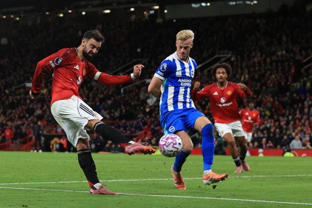 25th October 2025; Old Trafford, Manchester, England; Premier League Football, Manchester United, ManU versus Brighton and Hove Albion; Bruno Fernandes of Manchester United shoots from a tight angle  DavidxBlunsden