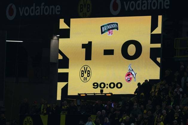 Soccer 1 Bundesliga 8 Matchday Borussia Dortmund 1 FC Köln on 25 10 2025 at Signal Iduna Park in Dortmund The scoreboard at Signal Iduna Park shows the final score Dortmund 1 0 Köln DFL regulations prohibit any use of photographs as image sequences and or quasi video xJRx