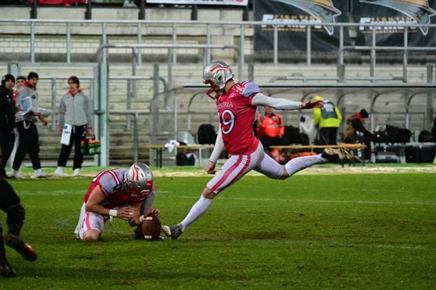 25 10 2025 xkhx Krefeld Grotenburg Stadion American Football European Championship 2025 Germany Austria Kicker Herz Oskar 19, AUS